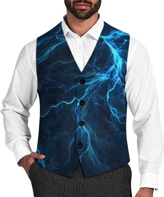 Generic Cartoon Glowing Thunder Waistcoats for Men V-Neck Suit Vests Slim Fit Business Dress Vest for Wedding Party M