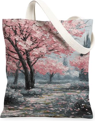 Generic Spring Blossom Canvas Tote Bags, Floral Tree Pattern Reusable Shopping Bags, Lightweight Washable Shoulder Strap Canvas for, Peach, 13x15 Inch