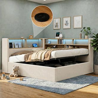 Merax 4ft6 Double L-Shaped Daybed with Headboard Storage, LED & USB Ports in Beige