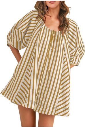 Generic Oversized Rompers for Women Loose Shorts Jumpsuit Lantern Short Sleeve Drawstring Playsuit Ruched Ladies Stripe Printing Athletic Workout Overalls Tre