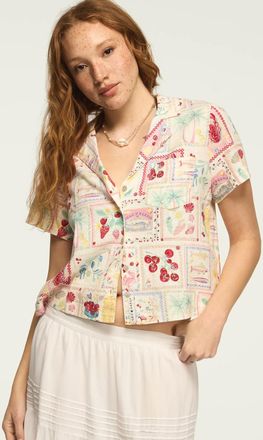 Lucky Brand Womens Printed Linen Camp Shirt