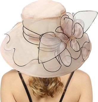 Generic Womens Sun Hat Organza Wide Brim Wedding Hats Ladies Bridal Summer Gauze Cap for Church Floral Bride Party Elegant Large Ladies Fedoras Rose Gold One 
