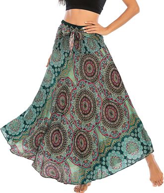 Feoya Women Boho Long Maxi Skirts Summer Casual 2 in 1 Skirt Dress with Floral Printed Elastic Waist Beach Skirts