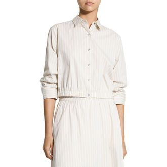 Theory Stripe Fixed Sleeve Cotton Blend Button-Up Shirt in Sand Multi at Nordstrom, Size X-Large