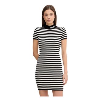 DKNY Dkny, Kleedjes, Dames, Veelkleurig, L, Leer, Gestreept jurk met coltrui