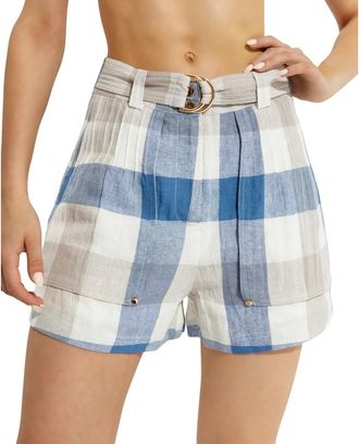 IXIAH Blauw Beige Geruite Hoge Taille Shorts - Dames - Bermuda - Blauw - 2XS - Katoen - Korte Broeken