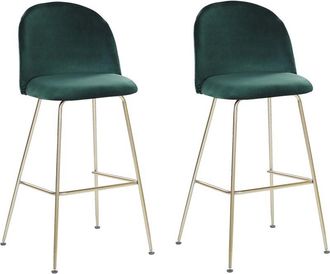 Beliani Conjunto De 2 Sillas De Bar Tapizadas En Terciopelo Verde Marco De Acero Dorado Altura Del Mostrador Muebles De Comedor De Dise&ntilde;o Arcola