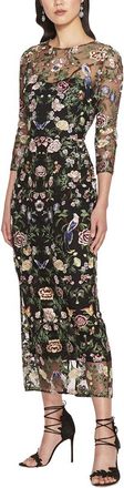 Marchesa Long Botanical Embroidered Midi Dress