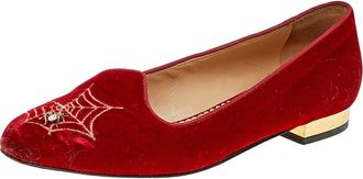 Charlotte Olympia Red Velvet Embroidered Ballet Flats