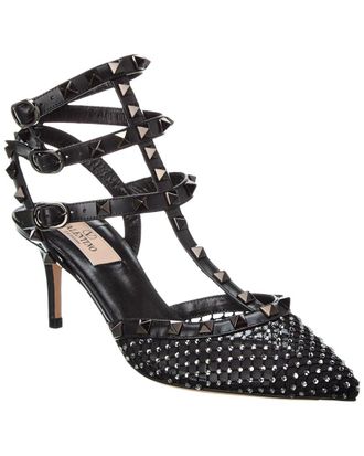 Valentino Rockstud Caged 65 Mesh & Leather Ankle Strap Pump