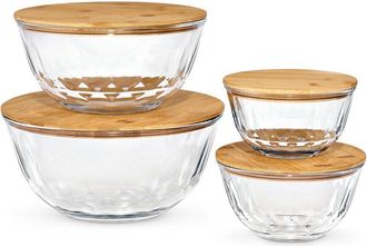 Sorbus 4Pc Glass Diamond Textured Bowl Set With Bamboo Lids