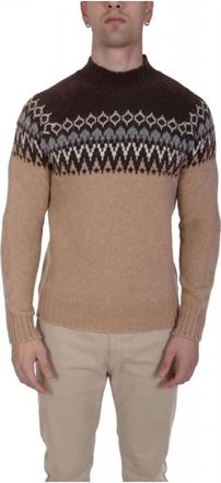 Gran Sasso Boucl&egrave; Jacquard Mock Neck - Heren - Coltruien - Bruin - L - Wol - Truien & Vesten