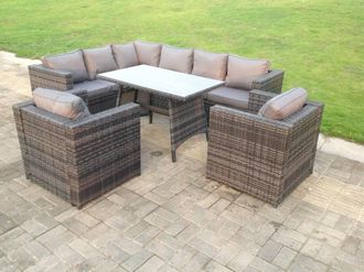 Fimous Rattan Corner Sofa Set Garden Furniture With 2 Chairs & Dining Table Left Hand in Dark Grey