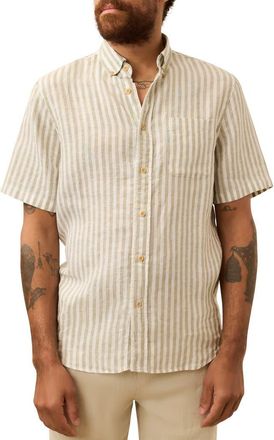 Faherty Laguna Short Sleeve Linen Button-Down Shirt in Green Hill Stripe at Nordstrom Rack, Size X-Small