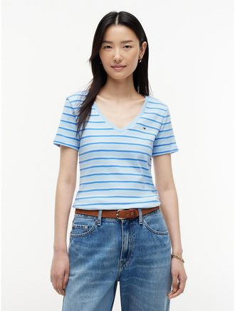 Tommy Hilfiger Womens Striped V-Neck Favorite T-Shirt - Blue - XXL