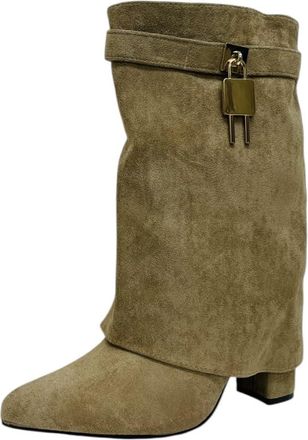 Generic Womens Faux Suede Ankle High Fold Over Ladies Zip Fashion Block Heel Boots (Khaki, One Size, UK Footwear Size System, Adult, Women, Numeric, Medium, 6