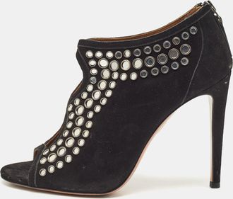 Aquazzura Black Suede Embellished Peep Toe Booties