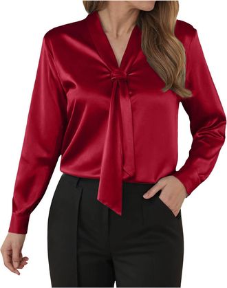 Generic Long Sleeve Satin Blouse for Women UK Elegant Loose Fit Knotted Neck Work OfficeWear Daily Tops Shirt V Neck Ladies Satin Silk Tunic Top Business Casu