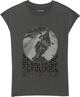 Zadig&Voltaire Cloe HC Photo Moto Strass - Dames - T-shirts - Grijs - M - Katoen - Tops