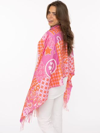 Zwillingsherz Schal ZWILLINGSHERZ Printclash Smile, Damen, neonorange, Web, Obermaterial: 100% Polyester, Modet&uuml;cher Schal, mit Fransen, Mustermix und Schriftzug