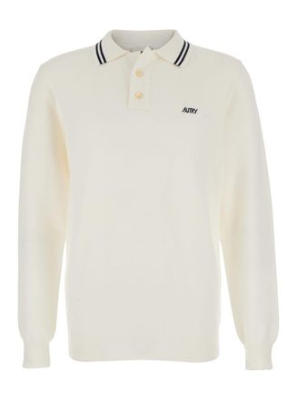 Autry White Long-sleeve Polo Shirt With Striped Collar And Logo Lettering Embroidery On The Front In Wool And Cotton Blend Man