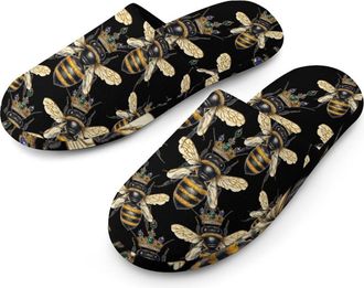 Generic Queen And Cute Bees Flannel Mens Slip-on Slippers Winter Warm House Shoes with Rubber Sole for Home Hotel