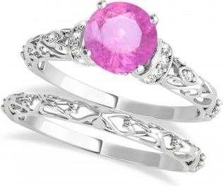 Allurez Pink Sapphire & Diamond Antique Style Bridal Set 14k White Gold (1.12ct)
