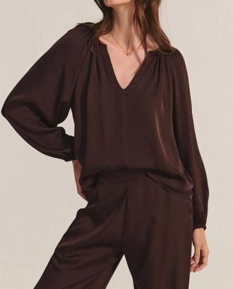Velvet Lyla Silk Velvet Satin Mix Media V-Neck Blouse In Mulch