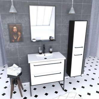 Aurlane Aurlane - Conjunto De Ba&ntilde;o 80 Cm Blanco Acabado Negro + Lavabo Blanco + Espejo + Columna De Almacenamiento
