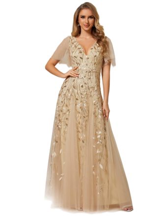 Ever-pretty Womens V Neck Short Sleeve Elegant Floor Length A Line Long Tulle Evening Dresses Gold 10UK