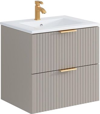 Vente-Unique Mueble de ba&ntilde;o suspendido estriado con lavabo encastrado - Beige - 60 cm - ZEVARA