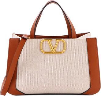 Valentino Garavani VLogo Shopper Canvas and Leather Small tote bag - Bruin