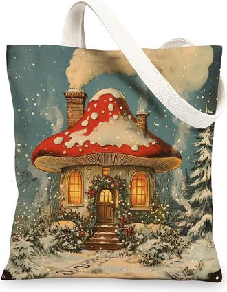 Generic Winter Christmas Mushroom House Canvas Tote Bag for Shopping 13x15, Whimsical Xmas Snow Reusable Grocery Print Pattern Bag for Women, Holiday New Year