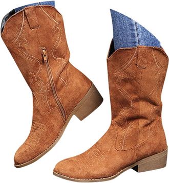 Generic Cowboy Boots for Women,Wide Fit Cowboy Boots Women,Wide Width Embroidered Suede Mide Calf Western Cowgirl Booties,With Side Zipper Bohemian Retro Shoe
