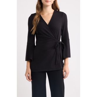 Anne Klein Ruffle Sleeve Ribbed Wrap Top in Anne Black at Nordstrom, Size X-Small