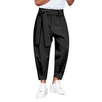 Generic Mens Cotton Linen Harem Trousers Drawstring Casual Cropped Trousers Lightweight Loose Beach Yoga Trousers with Pockets Lounge Trousers with Adjustable