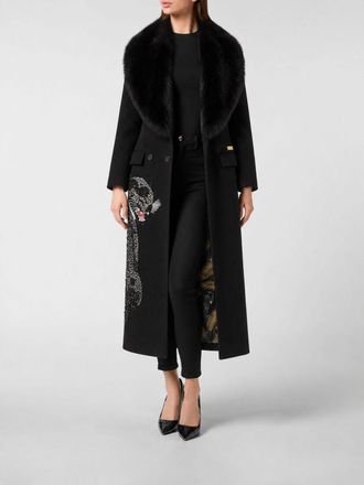 Philipp Plein Double-Breasted Long Coat in Wool and Cashmere with Fur Collar