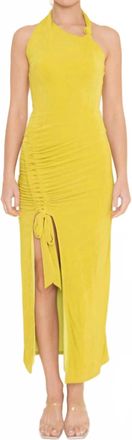 FORE COLLECTION Ruched Drawstring Sleeveless Halter Dress In Lime