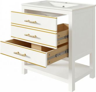 STILVORA Mueble Bajo Lavabo Con 2 Cajones Y 1 Hueco Abierto, Lavabo De Ceramica, En Mdf, Blanco Y Oro, 76 Cm