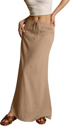 Generic Womens Linen Maxi Skirt Drawstring Low Rise Long Skirts, Cotton Linen Skirts for Women Summer Comfy A Line Long Flowy Skirt (Dark Khaki,XXL)