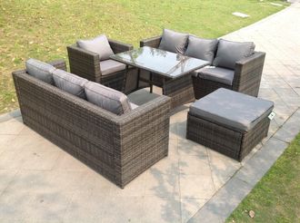 Fimous Grey Lounge Rattan Sofa Dining Table Set Chairs Footstool Garden Furniture Outdoor in Dark Grey