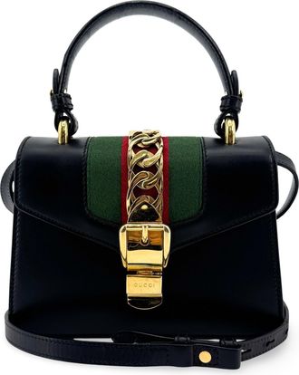 Gucci Sylvie Top Handle Leather Black Leather Handbag (Pre-Owned)