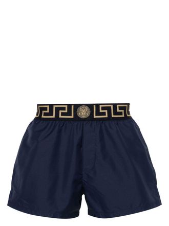 Versace Navy Silk-Nylon Swim Shorts With Greek Key Waistband