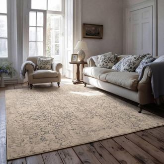 Kukoon Cream Beige Floral Distressed Machine Washable Living Room Area Rug | Size: 200 cm x 290 cm