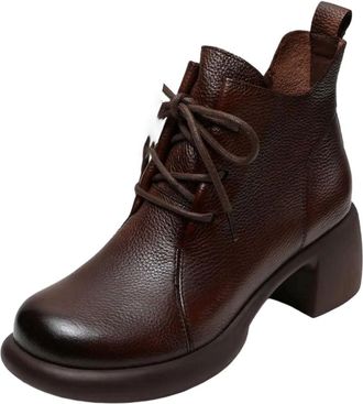 Generic Women High Heel Boots Retro Style Round Toe Genuine Cow Leather Lace-Up Zipper Ankle Boots