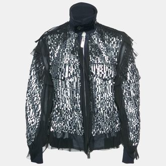 sacai Navy Blue/silver Sequins Ruffled Bomber Jacket