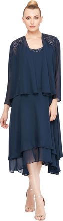 S.L. Fashions Womens Embellished Shoulder and Neck Jacket Dress Special Occasion, Navy, 20 Petite