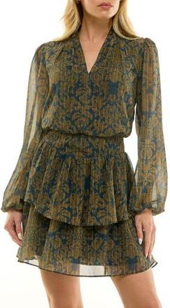 Socialite Printed Long Sleeve Chiffon Minidress in Teal/Gold at Nordstrom Rack, Size X-Small