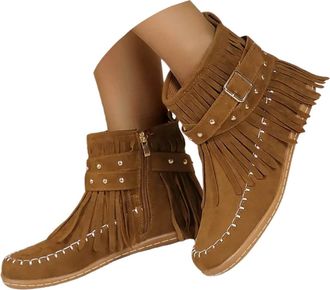 Generic Womens Fringe Cowboy Boots Short Wide Width Ankle Boots Vintage Stylish Buckle Suede Short Booties Fashion Western Pull On Retro Low Heel Dress Shoes 
