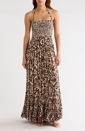 Elan Strappy Smocked Maxi Dress in Brown Carolina at Nordstrom, Size X-Large